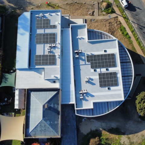 High shot from drone showing solar panels on the Chiltern Community Hub