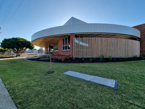 Exterior of new Chiltern Community Hub showing freshly laid grass and landscaping