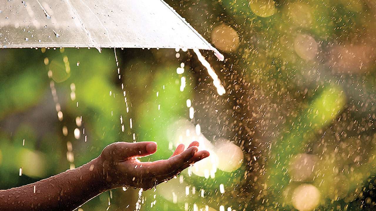 Person holding an umbrella with one hand exposed to the rain 