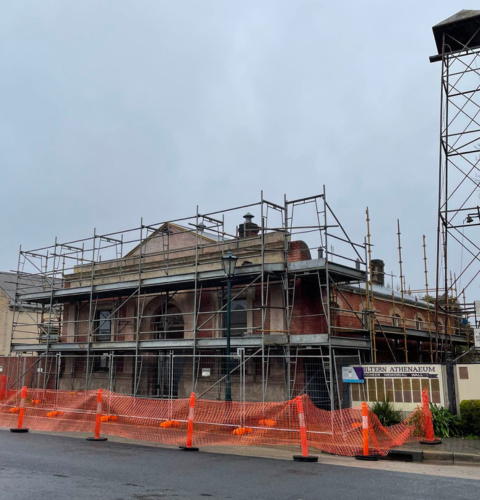 Historic Chiltern Athenaeum surrounded by scaffolding as restoratinon works are completed