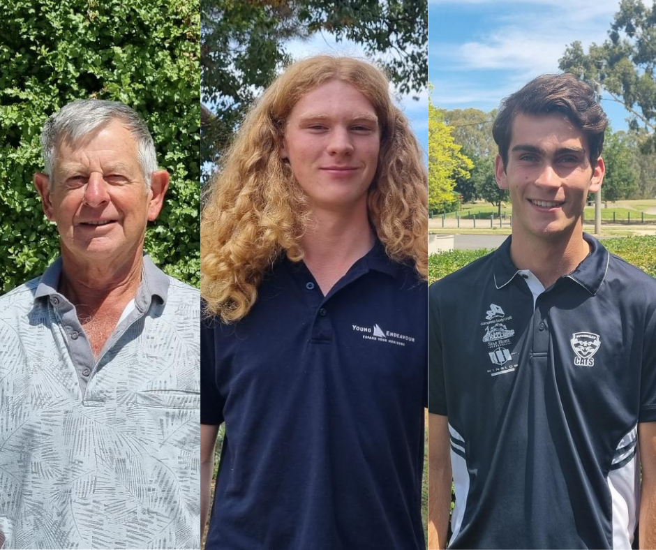 Man with grey hair and grey shirt, youth with long red curly hair in a navy Young Endeavour shirt, and youth with dark brown hair in a blue and white Cats shirtt