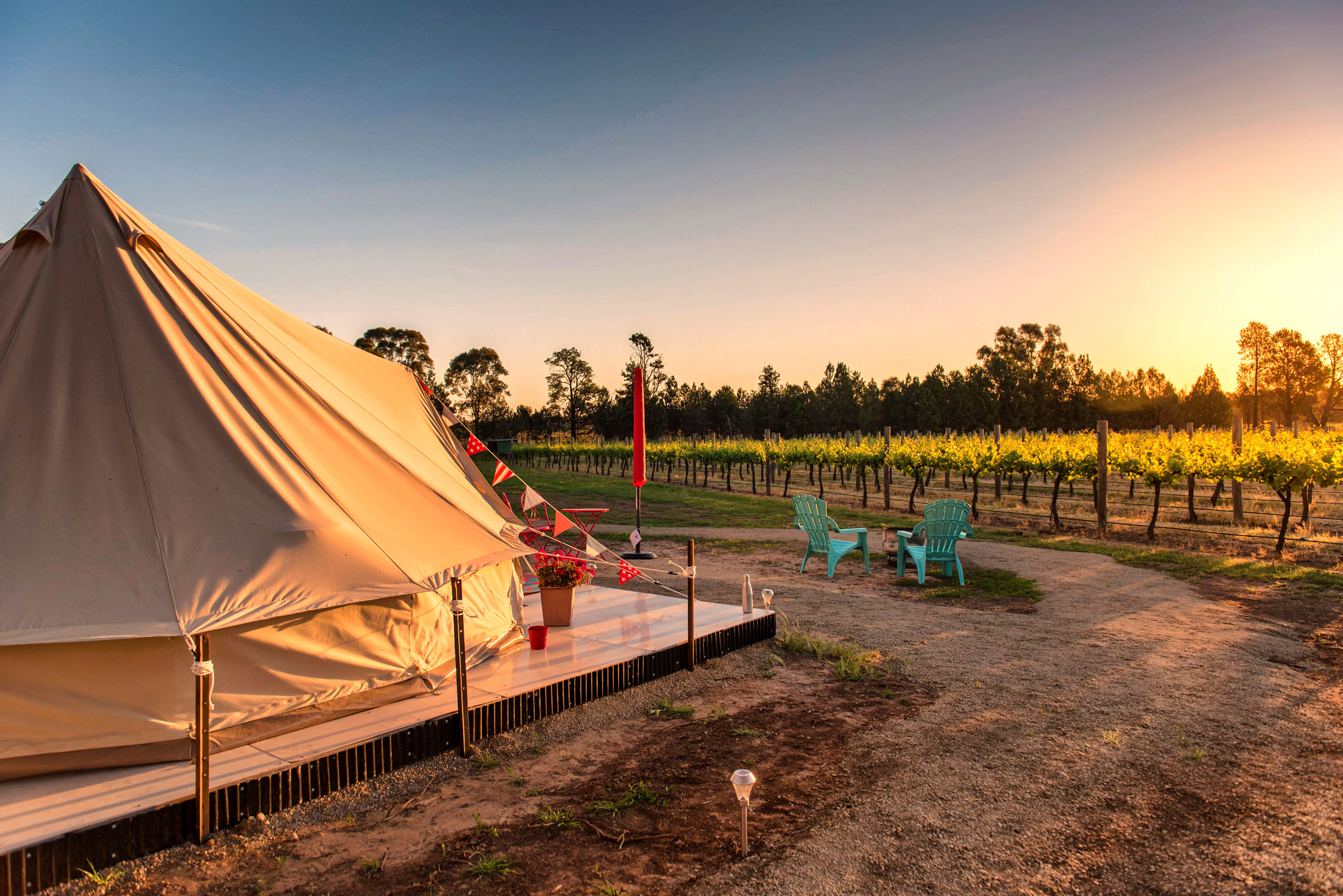 Glamping tent with sunrise