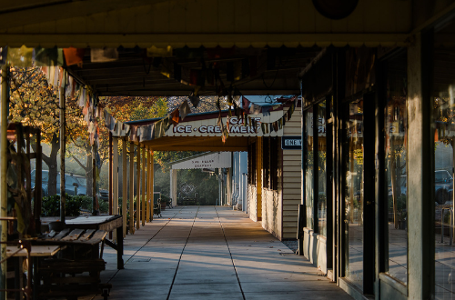 View under the awnings of shops in High Street Yackandandah